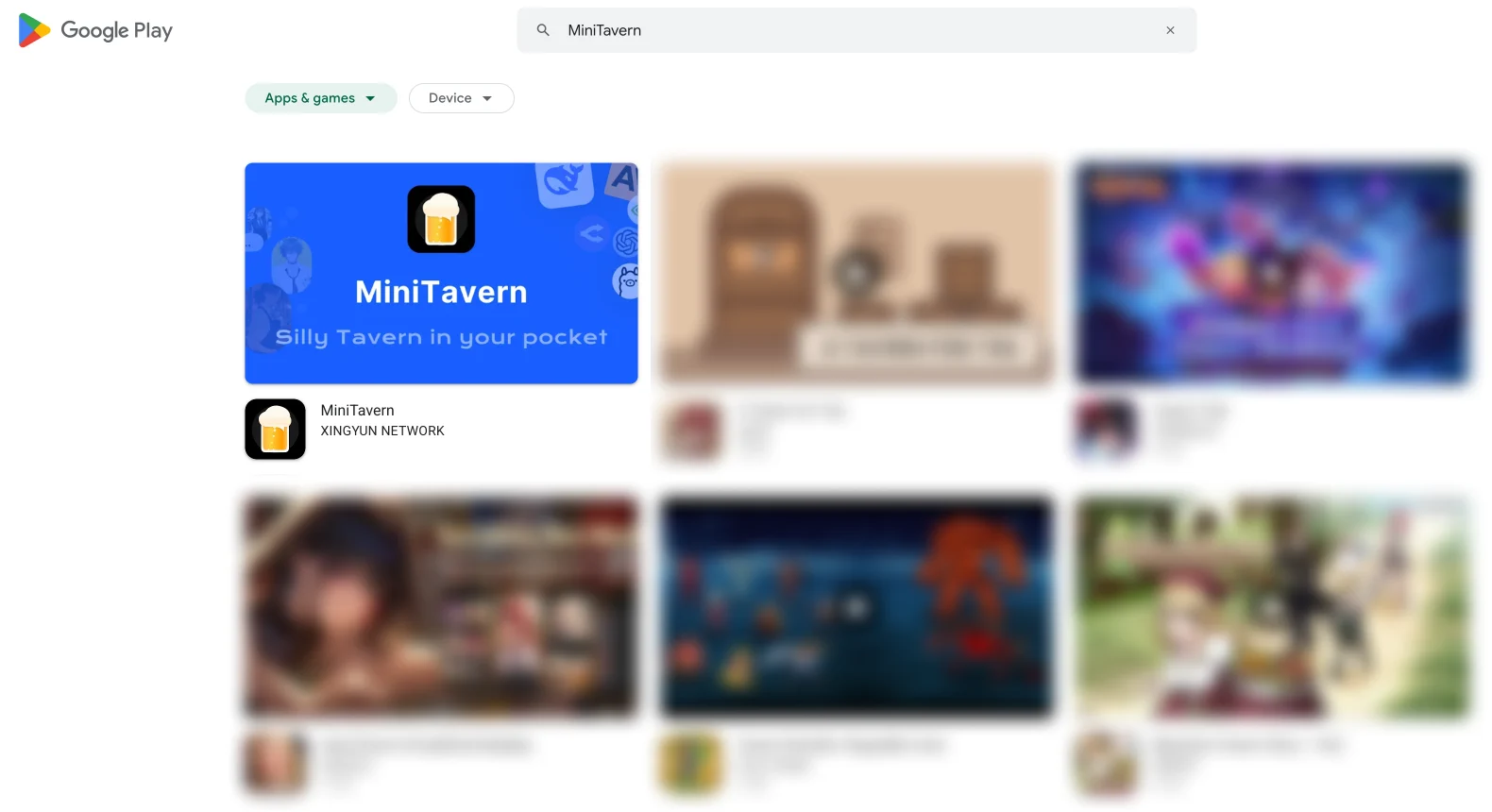 Поиск «MiniTavern» в Google Play: приложение на первом месте (пример)